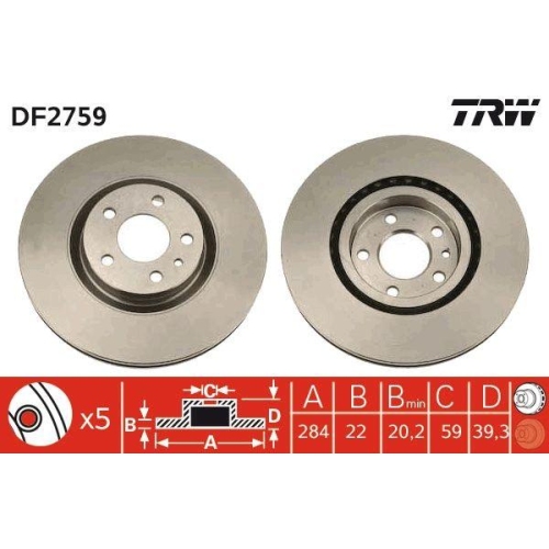 Set disc frana Alfa Romeo Gtv (916) 09.94-10.05, Spider (916) 09.94-04.05, Fata, 284X22mm, ventilat, TRW
