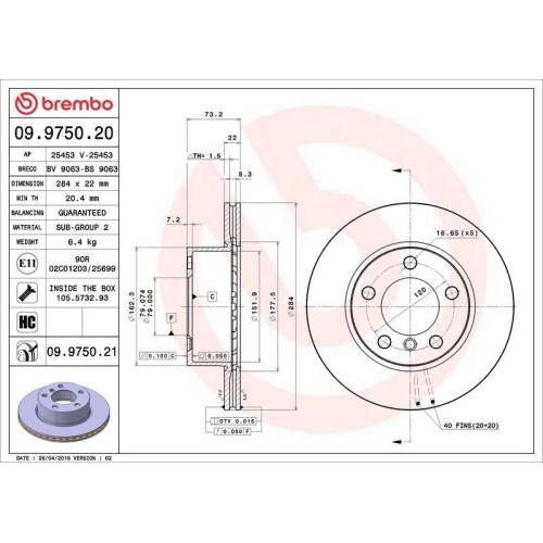 Set disc frana BMW 1 (F20) 07.11-06.19, 1 (F21) 12.11-12.19, 1 Van (F20) 03.15-06.19, 2 Cabriolet (F23) 03.14-06.21, 2 Coupe (F22 F87) 10.12-06.21, Fata, 284X22mm, ventilat, BREMBO