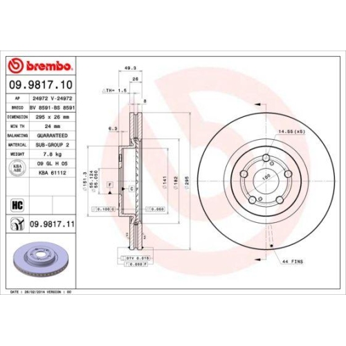 Set discuri frana Toyota Avensis ( T25 ), Avensis Estate ( T25 ), Avensis Sedan ( T25 ), 2.0 D-4D (ADT250_), 2.0 D-4D (CDT250_), 2.0 VVT-i (AZT250_), 2.4 VVT-i (AZT251_), punte fata, 295x26, ventilat, BREMBO