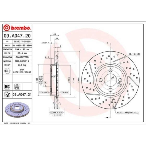 Set discuri frana Mini Mini (R50, Mini (R56), Mini Cabriolet (R52), Mini Clubvan (R55), Mini Convertible (R57), Mini Coupe (R58), Mini Roadster (R59), punte fata, 294x22, BREMBO