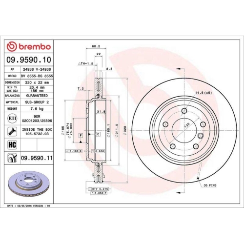 Set disc frana BMW 3 (E46) 12.97-05.05, 3 Convertible (E46) 04.00-12.07, 3 Coupe (E46) 12.98-07.06, 3 Touring (E46) 06.99-07.05, Spate, 320X22mm, ventilat, BREMBO