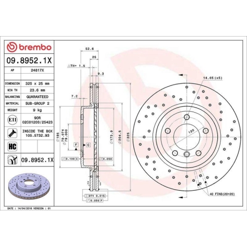 Set disc frana BMW 3 (E46) 12.97-05.05, 3 Convertible (E46) 04.00-12.07, 3 Coupe (E46) 12.98-07.06, 3 Touring (E46) 06.99-07.05, Z4 (E86) 03.06-01.09, Fata, 325X25mm, ventilat, BREMBO