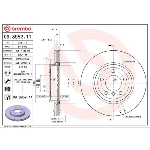 Set disc frana BMW 3 (E46) 12.97-05.05, 3 Convertible (E46) 04.00-12.07, 3 Coupe (E46) 12.98-07.06, 3 Touring (E46) 06.99-07.05, Z4 (E86) 03.06-01.09, Fata, 325X25mm, ventilat, BREMBO