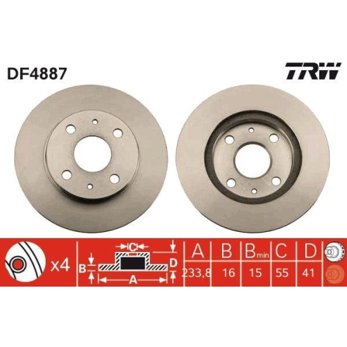 Set disc frana Daihatsu Cuore 6 (L251) (L251 L250 L260) 03.03-, Cuore 7 (L275 L285 L276) 12.06-, Move (L9) 04.97-09.02, Sirion (M1) 04.98-04.05, Sirion (M3) 01.05-, Trevis 06.06-, Yrv (M2) 02.01-; Subaru Justy 4 01.07-, Fata, 234X16mm, ventilat, TRW