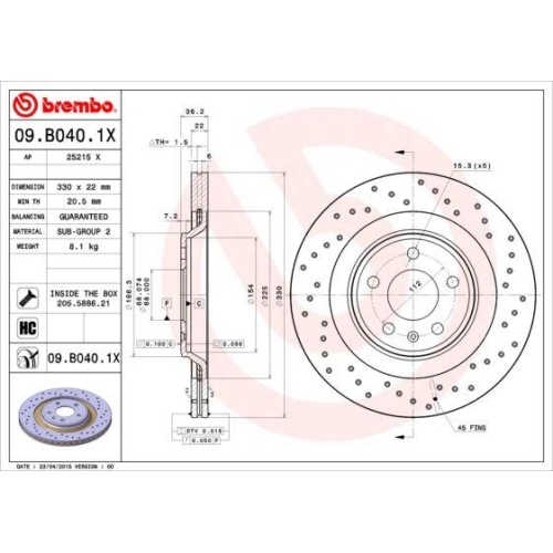Set discuri frana Audi A4 B8 (8k2), A4 B8 Avant (8k5), A5 (8t3), A5 Convertible (8f7), A5 Sportback (8ta), Q5 (8rb), Q5 Van (8rb), punte spate, 330x22, BREMBO