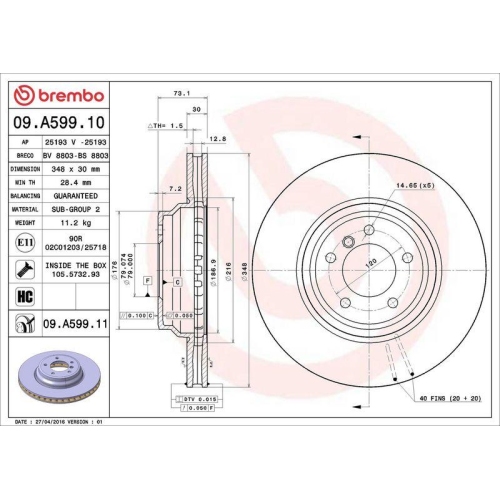 Set disc frana BMW 3 (E90) 02.04-02.12, 3 Convertible (E93) 05.06-12.13, 3 Coupe (E92) 01.05-12.13, 3 Touring (E91) 12.04-12.12, X1 (E84) 03.09-06.15, Fata, 348X30mm, ventilat, BREMBO