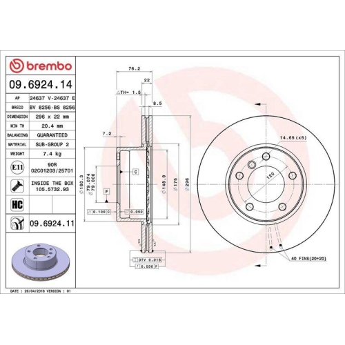 Set disc frana BMW 5 (E39) 09.95-07.03, 5 Touring (E39) 09.96-06.04, Fata, 296X22mm, ventilat, BREMBO