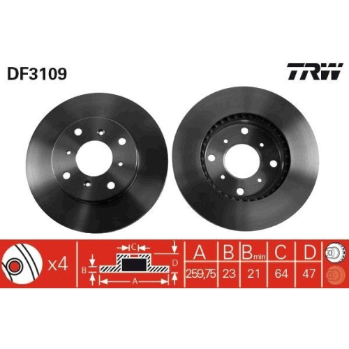 Set disc frana Honda Accord 6 (Ck Cg Ch Cf) 03.97-12.03, Accord 6 Coupe (Cg) 12.97-06.03, Accord 6 Hatch Clback (Ch Cl) 12.99-12.02, Prelude 4 (Bb) 12.91-02.97, Prelude 5 (Bb) 10.96-12.01, Fata, 260X23mm, ventilat, TRW