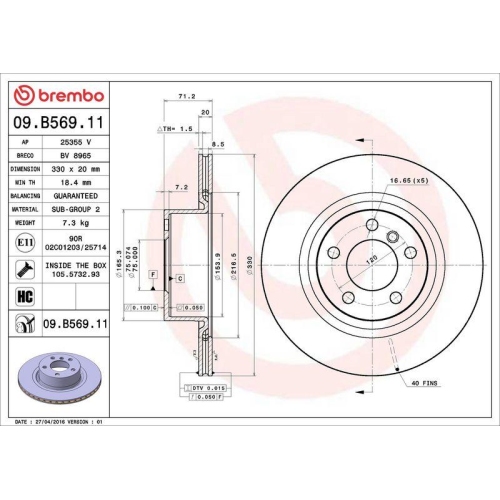 Set disc frana BMW X3 (F25) 09.10-12.17, X4 (F26) 05.13-03.18; Toyota Prius Liftback ( W2) 09.03-01.10, Spate, 330X20mm, ventilat, BREMBO