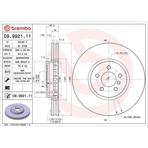 Set disc frana BMW X5 (E70) 02.06-07.13, X5 (F15 F85) 08.13-07.18, X6 (E71 E72) 06.07-12.15, X6 (F16 F86) 08.14-07.19, Fata, 365X36mm, ventilat, BREMBO
