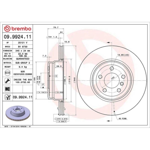 Set disc frana BMW X5 (E70) 02.06-07.13, X5 (F15 F85) 08.13-07.18, X6 (E71 E72) 06.07-12.15, X6 (F16 F86) 08.14-07.19, Spate, 345X24mm, ventilat, BREMBO