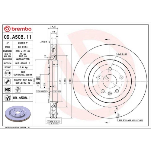 Set disc frana Cadillac Cts Coupe 01.08-, Cts Sport Wagon 01.08-, Cts 07.07-; Chevrolet Camaro Convertible 01.11-, Camaro 02.09-12.15, Spate, 365X28mm, ventilat, BREMBO