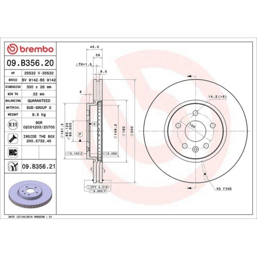 Set disc frana Chevrolet Trax 12.12-; Opel Mokka / Mokka X (J13) 06.12-, Fata, 300X26mm, ventilat, BREMBO