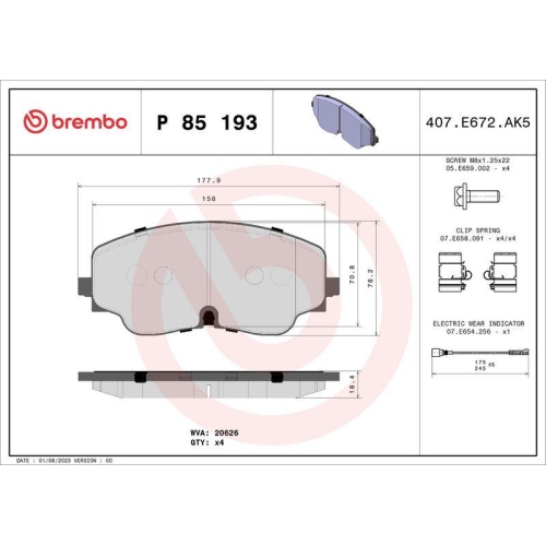 Placute frana Audi A3 Sedan (8ys 8ym) 04.20-, A3 Sportback (8ya 8yf) 11.19-; Vw Arteon (3h7 3h8) 03.17-, Arteon Shooting Brake (3h9) 06.20-, Golf 8 (Cd1 Da1) 07.19-, Golf 8 Variant (Cg5 Db5) 08.20-, Tiguan (Ad1 Ax1) 01.16-, Fata, BREMBO