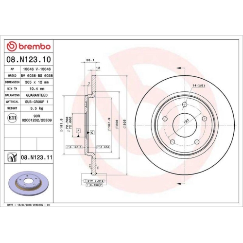 Set disc frana Chrysler Grand Voyager 5 (Rt) 10.07-; Dodge Journey Van (Jc) 06.08-, Journey 06.08-, Nitro 09.06-12.12; Fiat Freemont (345) 08.11-; Vw Routan 09.08-12.13, Spate, 305X12mm, plin, BREMBO