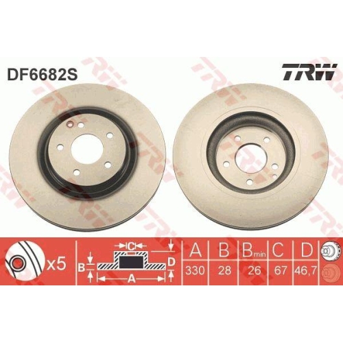 Set disc frana Mercedes Clasa C (W203) 05.00-12.07, Clasa C Coupe (Cl203) 03.01-06.11, Clasa C T-Model (S203) 03.01-08.07, Clasa CLC (Cl203) 05.08-06.11, Clk (C209) 05.02-03.10, Clk Cabriolet (A209) 06.02-03.10, Fata, 330X28mm, ventilat, TRW