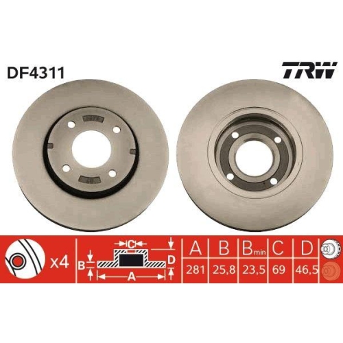 Set disc frana Mitsubishi Colt Czc 6 Convertible (Rg) 05.06-07.09, Colt 6 (Z3 A Z2 A) 10.02-12.12; Smart Forfour (454) 01.04-06.06, Fata, 281X25,8mm, ventilat, TRW