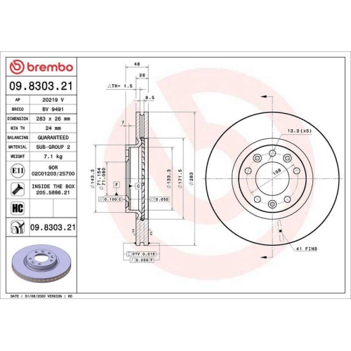 Set disc frana Citroen Berlingo (Er Ec) 06.18-, Berlingo Box (B9) 04.08-, Berlingo Box (K9) 06.18-; Opel Combo E Tour / Life (K9) 06.18-; Peugeot Partner Box (K9) 09.18-, Rifter 09.18-, Fata, 283X26mm, ventilat, BREMBO