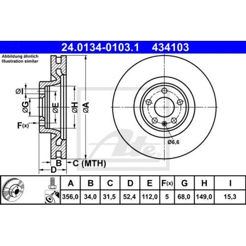 Disc frana Audi A6, 11.2010-, Q7, 03.2006-08.2015, Cayenne, 09.2002-09.2010, Touareg, 10.2002-05.2010, ATE