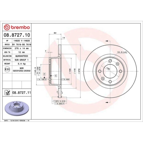 Set disc frana Citroen C5 I (Dc) 03.01-03.05, C5 I Box / Estate (De) 06.02-08.04, C5 I Break (De) 06.01-09.04, C5 2 (Rc) 08.04-09.08, C5 2 Box / Estate (Re) 09.04-01.08, C5 2 Break (Re) 09.04-08.08, C5 3 (Rd) 02.08-05.17, Spate, 276X14mm, plin, BREMBO