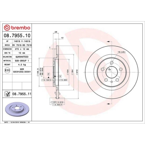 Set disc frana Citroen C8 (Ea Eb) 06.02-, C8 Van (Ea Eb) 06.02-; Fiat Ulysse (179) 08.02-06.11; Lancia Phedra (179) 09.02-11.10; Peugeot 807 (Eb) 06.02-, Spate, 272X12mm, plin, BREMBO