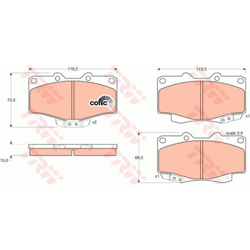 Placute frana Toyota 4 Runner (Kzn18 , Vzn18 , Rzn18 ), 1995-2002, Hilux 2 (Rn6 , Rn5 , Ln6 , Yn6 , Yn5 , Ln5 ), 1983-2005, Land Cruiser, 1984-, Land Cruiser 80, 1990-1998, Land Cruiser 90, TRW