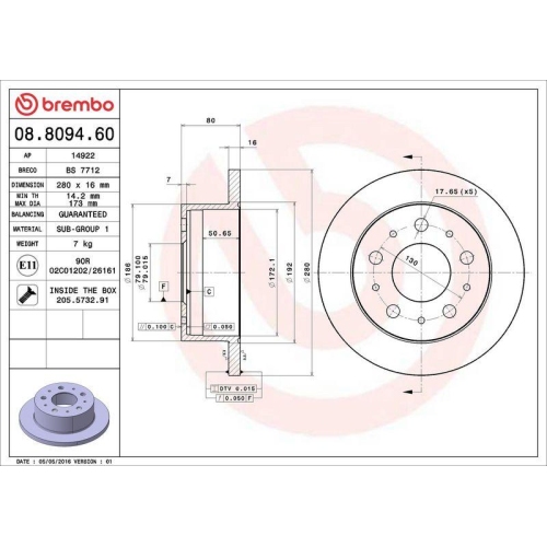 Set disc frana Citroen Jumper 2 Box 04.06-, Jumper 2 Bus 04.06-, Jumper 2 04.06-; Fiat Ducato Box ( 250) 07.06-, Ducato Bus (250) 07.06-, Ducato (250) 07.06-; Peugeot Boxer Box 04.06-, Boxer Bus 09.05-, Boxer 04.06-, Spate, 280X16mm, plin, BREMBO