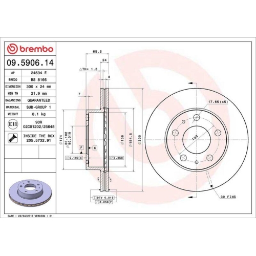 Set disc frana Citroen Jumper I Box (230l) 02.94-04.02, Jumper I Bus (230p) 02.94-04.02, Jumper I (230) 03.94-04.02; Fiat Ducato Box (230) 03.94-05.05, Ducato Bus (230) 03.94-05.05, Ducato (230) 03.94-04.02, Fata, 300X24mm, ventilat, BREMBO