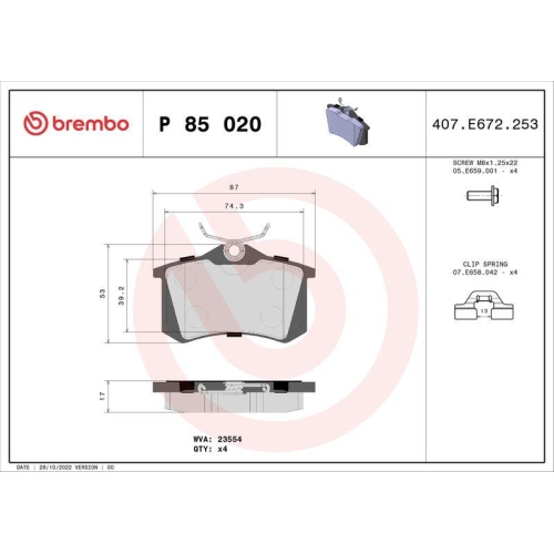 Placute frana Audi A1, A2, A3, A4, A6, Citroen Berlingo, C2, C3, C4, C8; Ford Galaxy I; Peugeot 1007, 2008, 207, 208, 307, 308, Partner; Seat Altea, Ibiza, Leon, Toledo II; Skoda Fabia I, Fabia ; VW Golf IV, Passat, Polo, Spate, BREMBO