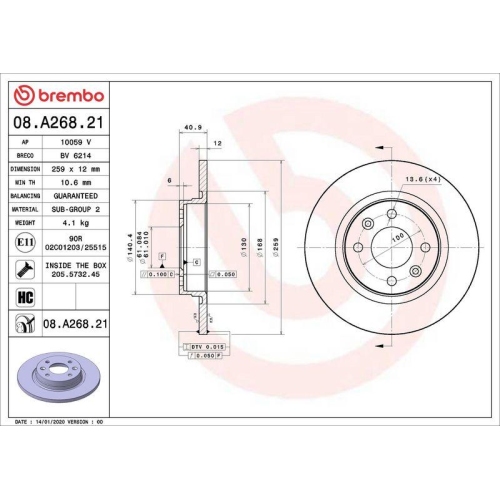 Set disc frana Dacia Logan (Ls) 08.04-, Logan 2 10.12-, Sandero 2 10.12-, Sandero 06.08-; Renault Logan I (Ls) 09.04-, Logan/Stepway 2 (L8) 09.12-, Twingo I (C06) 03.93-10.12, Twingo 2 (Cn0) 03.07-, Twingo 3 (Bcm Bca) 09.14-, Fata, 259X12mm, plin, BREMBO