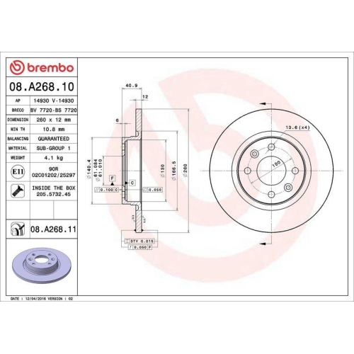 Set disc frana Dacia Logan (Ls) 08.04-, Sandero 2 10.12-, Sandero 06.08-; Renault , Twingo I (C06) 03.93-10.12 , Twingo 2 (Cn0) 03.07-; Smart Fortwo Cabriolet (453) 09.15-, Fortwo Coupe (453) 07.14-, Fata, 260X12mm, plin, BREMBO