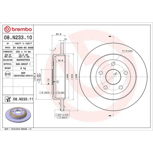 Set disc frana Dodge Durango (Wd) 12.10-; Jeep Grand Cherokee 4 (Wk Wk2) 06.10-, Grand Cherokee Van (Wk2) 06.10-, Spate, 330X14mm, plin, BREMBO