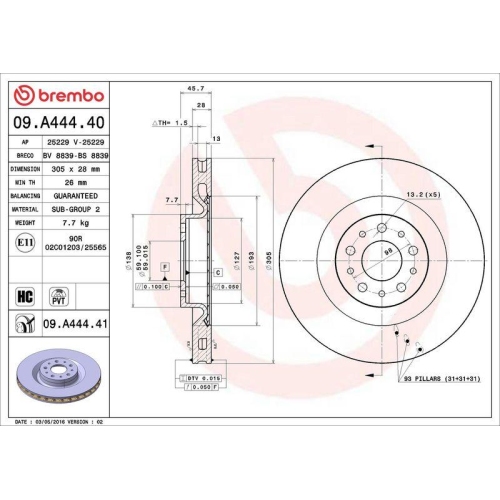 Set disc frana Fiat 500l (351 352) 09.12-, Doblo Bus (263) 11.09-, Doblo Cargo (263) 02.10-, Doblo Platform / Chassis (263) 02.10-; Opel Combo Box (X12) 02.12-, Combo Tour (X12) 02.12-, Fata, 305X28mm, ventilat, BREMBO