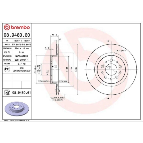 Set disc frana Fiat 500l (351 352) 09.12-, Tipo Estate (356 357) 03.16-, Tipo Liftback (356 357) 03.16-, Tipo Sedan (356 357) 10.15-, Spate, 264X10mm, plin, BREMBO