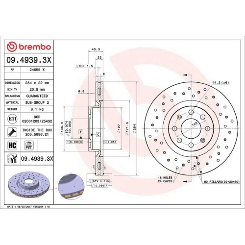 Set disc frana Fiat Grande Punto (199) 06.05-, Grande Punto Van (199) 10.05-06.13, Punto (199) 01.12-, Punto Evo (199) 07.08- ; Opel Adam (M13) 10.12-02.19, Corsa D (S07) 07.06-04.15, Corsa E (X15) 09.14-, Corsa E Box / Liftback (X15) 09.14-, Fata, 284X22