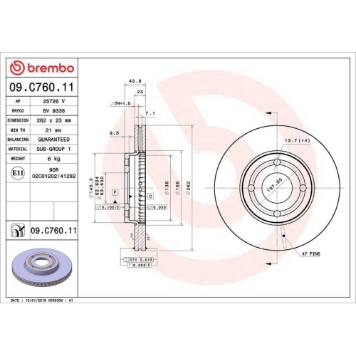 Set disc frana Ford Fiesta 7 (Hj Hf) 05.17-, Fiesta 7 Van 09.18-, Fata, 262X23mm, ventilat, BREMBO