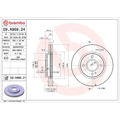 Set disc frana Ford Fiesta Sedan 04.10-04.17, Fiesta 6 (Cb1 Ccn) 06.08-04.17, Fiesta 6 Van 08.08-04.17, Ka + Saloon (Tk Fk) 08.14-, Ka+ 3 (Uk Fk) 08.14-, Fata, 258X23mm, ventilat, BREMBO