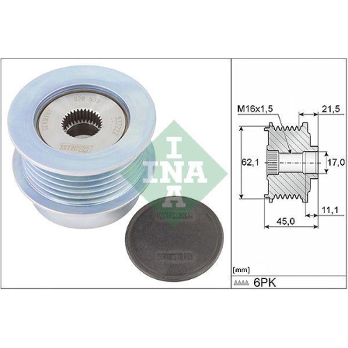 Fulie alternator Volvo S60 2 (134), S60 3 (224), S80 2 (124), S90 2 (234), V40 Liftback (525), V60 I (155), V60 2 (225), V70 3 (135), V90 2 (235), Xc40 (536), Xc60 I (156), Xc60 2 (246), Xc70 2 (136), Xc90 2 (256), INA