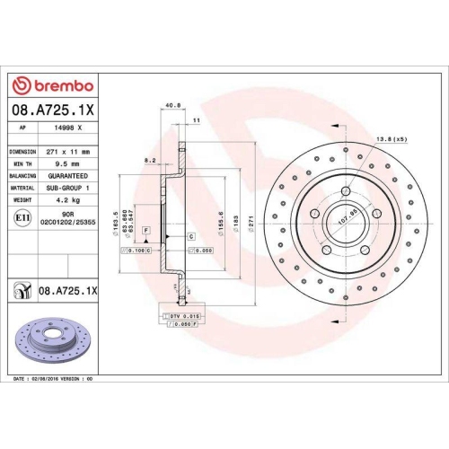 Set disc frana Ford Focus 3 Box / Estate 02.12-, Focus 3 Saloon 07.10-02.20, Focus 3 Turnier 07.10-02.20, Focus 3 Van / Liftback 01.11-, Focus 3 07.10-02.20, Spate, 271X11mm, plin, BREMBO