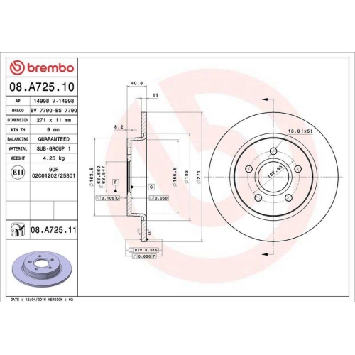 Set disc frana Ford Focus 3 Box / Estate 02.12-, Focus 3 Saloon 07.10-02.20, Focus 3 Turnier 07.10-02.20, Focus 3 Van / Liftback 01.11-, Focus 3 07.10-02.20, Spate, 271X11mm, plin, BREMBO