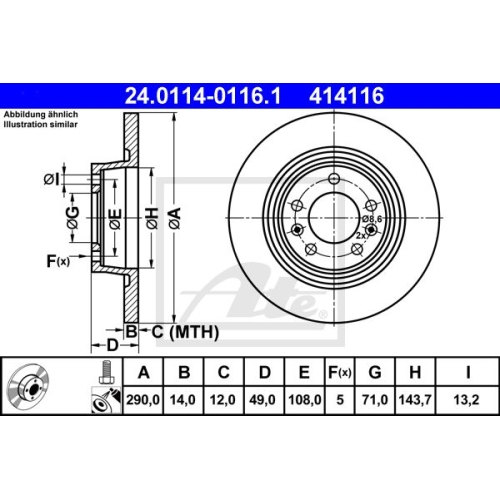 Disc frana Citroen Jumpy, 01.2007-2016, Fiat Scudo, 01.2007-2016, Peugeot Expert, 01.2007-2016, Peugeot Proace, 06.2013-03.2016, ATE