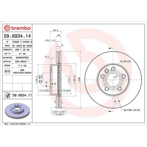 Set disc frana Ford Galaxy I (Wgr) 03.95-05.06, Galaxy Mk I Van (Wgr) 03.95-05.06; Seat Alhambra (7v8 7v9) 04.96-03.10, Alhambra Van (7v8 7v9) 03.96-03.10; Vw Sharan (7m8 7m9 7m6) 05.95-03.10, Sharan Van (7m) 05.95-03.10, Fata, 288X25mm, ventilat, BREMBO