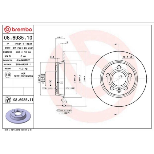 Set disc frana Ford Galaxy I (Wgr) 03.95-05.06, Galaxy Mk I Van (Wgr) 03.95-05.06; Seat Alhambra (7v8 7v9) 04.96-03.10, Alhambra Van (7v8 7v9) 03.96-03.10; Vw Sharan (7m8 7m9 7m6) 05.95-03.10, Sharan Van (7m) 05.95-03.10, Spate, 268X10mm, plin, BREMBO