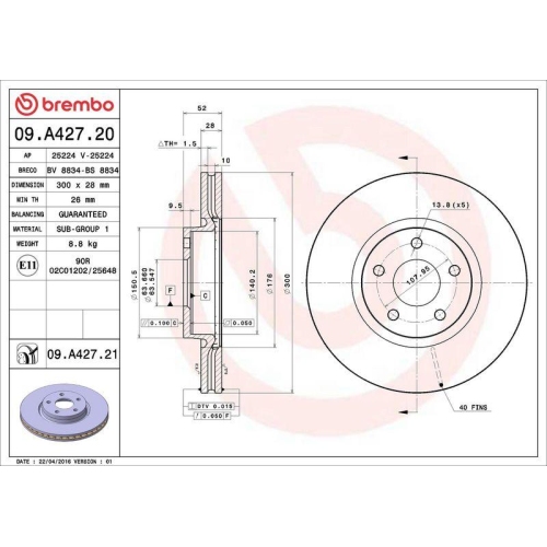 Set disc frana Ford Mondeo 4 (Ba7) 03.07-01.15, Mondeo 4 Saloon (Ba7) 03.07-01.15, Mondeo 4 Turnier (Ba7) 03.07-01.15, Mondeo 4 Van 03.07-01.15, Fata, 300X28mm, ventilat, BREMBO