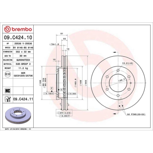Set disc frana Ford Ranger (Tke) 04.11-, Fata, 302X32mm, ventilat, BREMBO