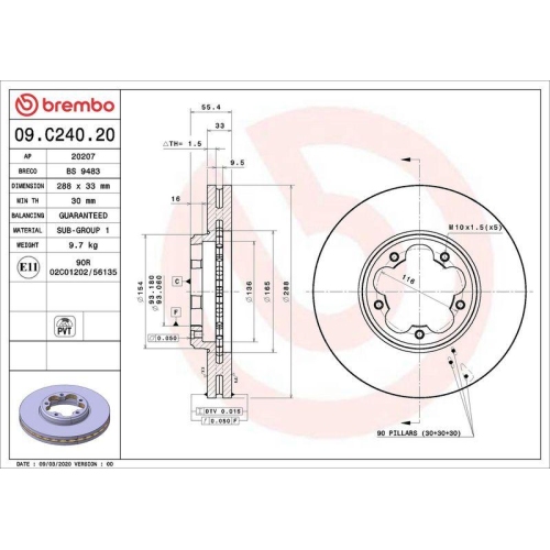 Set disc frana Ford Tourneo Custom V362 Bus (F3) 09.12-, Transit Custom V362 Box (Fy Fz) 09.12-, Transit Custom V362 Bus (F3) 04.12-, Transit V363 Box (Fcd Fdd) 08.13-, Transit V363 Bus (Fad Fbd) 08.13-, Fata, 288X33mm, ventilat, BREMBO