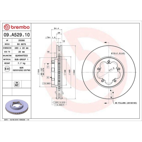 Set disc frana Ford Transit Box (Fa) 04.06-12.14, Transit Bus(Fd Fb Fs Fz Fc) 04.06-, Transit (Fm Fn Ff) 04.06-12.14, Transit Tourneo Bus 07.06-08.14, Fata, 280X28mm, ventilat, BREMBO