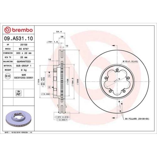 Set disc frana Ford Transit Box (Fa) 04.06-12.14, Transit Bus(Fd Fb Fs Fz Fc) 04.06-, Transit (Fm Fn Ff) 04.06-12.14, Transit Tourneo Bus 07.06-08.14, Fata, 300X28mm, ventilat, BREMBO