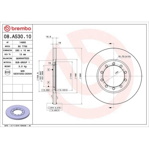 Set disc frana Ford Transit Box (Fa) 04.06-12.14, Transit Bus(Fd Fb Fs Fz Fc) 04.06-, Transit (Fm Fn Ff) 04.06-12.14, Transit Tourneo Bus 07.06-08.14, Spate, 280X16mm, plin, BREMBO