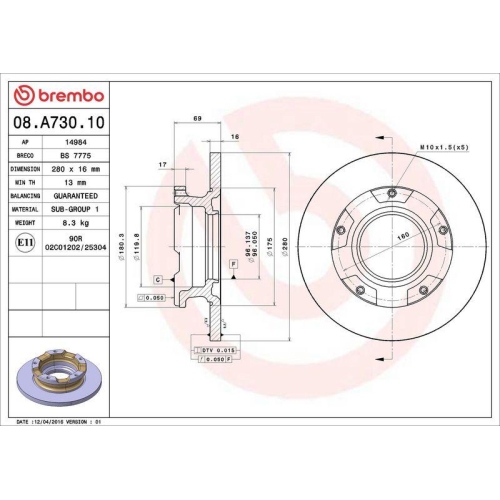 Set disc frana Ford Transit Box (Fa) 04.06-12.14, Transit Bus(Fd Fb Fs Fz Fc) 04.06-, Transit (Fm Fn Ff) 04.06-12.14, Transit Tourneo Bus 07.06-08.14, Spate, 280X16mm, plin, BREMBO